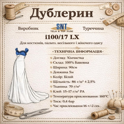Дублерин бавовняний, тонкий SNT i100/17 (5 пог.м.) - білий Дублерин бавовняний, тонкий SNT i100/17 (5 пог.м.) - білий