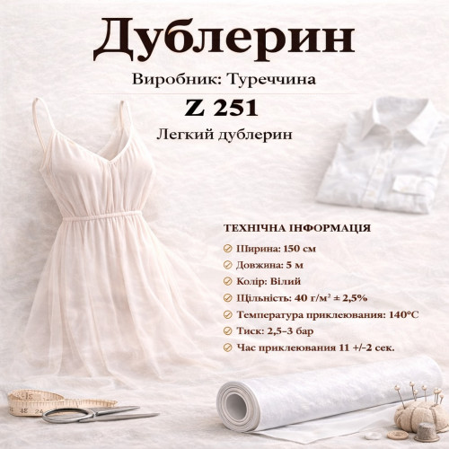 Дублерин трикотажний Z251, шириною 150 см (5 м) - білий Дублерин трикотажний Z251, шириною 150 см (5 м) - білий