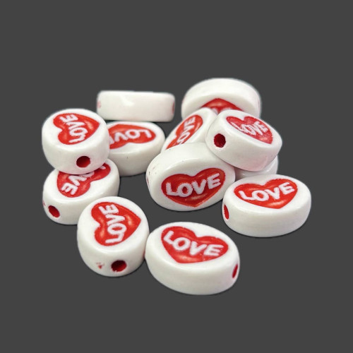 (20 г) Пластикові намистини плоскі "Love" 10х13 мм - червоний (20 г) Пластикові намистини плоскі "Love" 10х13 мм - червоний