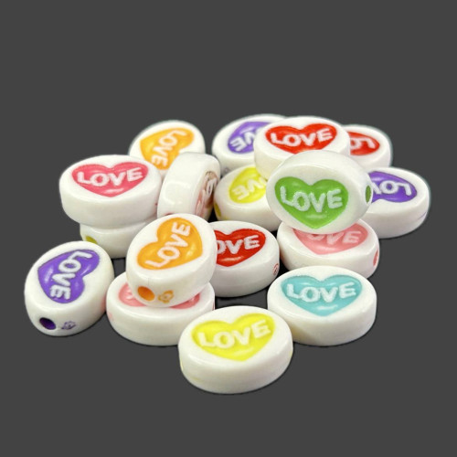 (20 г) Пластикові намистини плоскі "Love" 10х13 мм - мікс (20 г) Пластикові намистини плоскі "Love" 10х13 мм - мікс