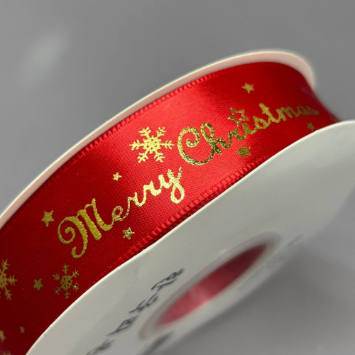 Стрічка атласна 2,5см із новорічним малюнком - червона Merry Christmas Стрічка атласна 2,5см із новорічним малюнком - червона Merry Christmas
