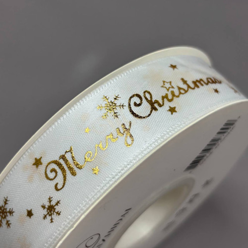 Стрічка атласна 2,5см із новорічним малюнком - біла Merry Christmas Стрічка атласна 2,5см із новорічним малюнком - біла Merry Christmas