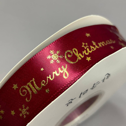 Стрічка атласна 2,5см із новорічним малюнком - бордо Merry Christmas Стрічка атласна 2,5см із новорічним малюнком - бордо Merry Christmas