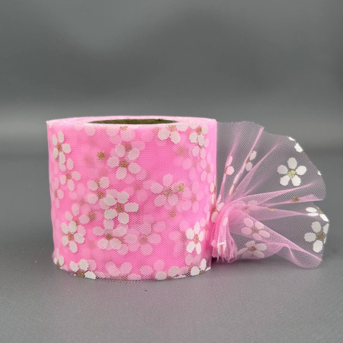 Фатин у рулонах 6 см, моток 22 м - рожевий яскравий у ромашку Фатин у рулонах 6 см, моток 22 м - рожевий яскравий у ромашку