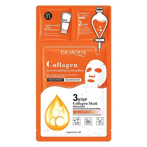 Трьохетапна маска для обличчя з колагеном Bioaqua Collagen, 25г+0,8г+0,8г Трьохетапна маска для обличчя з колагеном Bioaqua Collagen, 25г+0,8г+0,8г