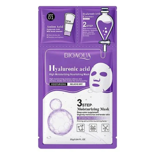 Трьохетапна маска для обличчя з гіалуроновою кислотою Bioaqua Hyaluronic Acid, 25г+0,8г+0,8г Трьохетапна маска для обличчя з гіалуроновою кислотою Bioaqua Hyaluronic Acid, 25г+0,8г+0,8г