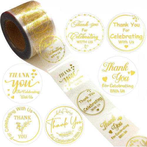 Наклейки на бобіні «Thank you» 2,5 см, в рулоні 500 шт - прозора з золотом Наклейки на бобіні «Thank you» 2,5 см, в рулоні 500 шт - прозора з золотом